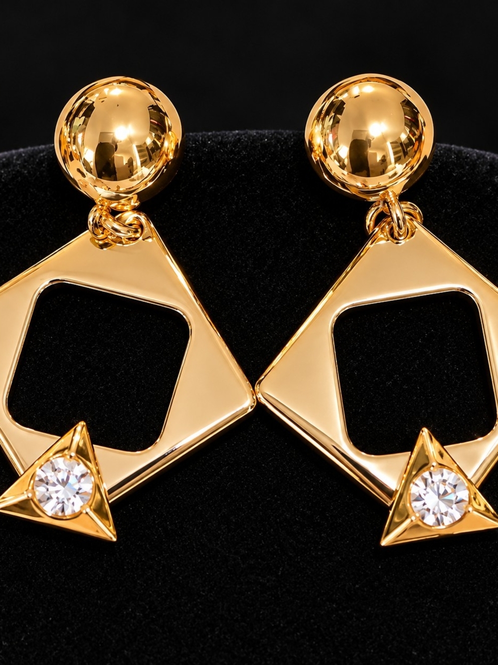 Saint Laurent Gold Geometric Drop Earrings with Crystal Triangles